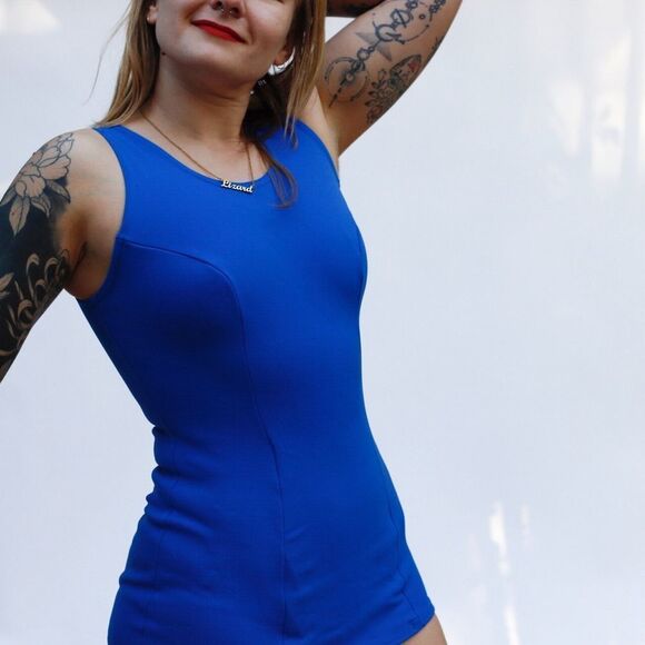 Vintage 60s 70s Retro One Piece Stretch Nylon Swimsuit Pin Up Mod Playsuit Blue - Picture 5 of 16